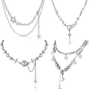 4 Pcs Y2k Double Layered Necklace Set Irregular Moonstone Collar Chain Punk Star